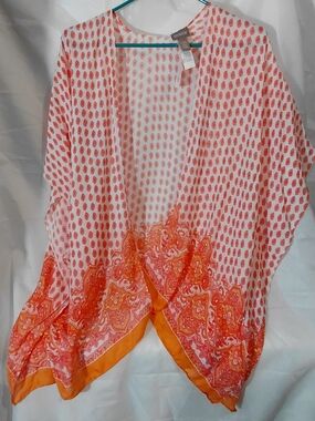 Chico's White and Orange Printed Sheer Swim Coverup